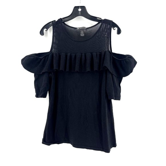 INC Women's Black Sweater Open Shoulder Sexy Size Large Sheer Neckline - Picture 4 of 11